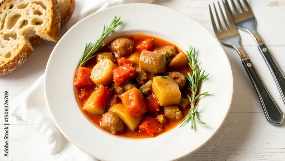 Crusty bread rosemary sprig rustic cutlery Three Sisters Stew hearty traditional styled plate
Crusty bread rosemary sprig rustic cutlery Three Sisters Stew hearty traditional styled plate