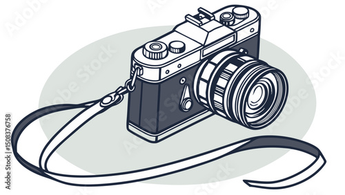 Digital camera featuring a lens, shutter button, and strap for photography use