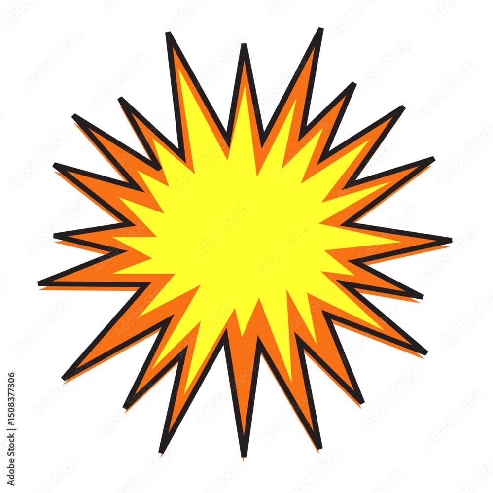 Comic style explosion bubble with red outline and yellow center on white background. Ideal for pop art, design, and comic book effects. Comic style explosion bubble with red outline and yellow center on white background. Ideal for pop art, design, and comic book effects.