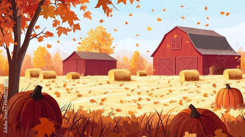 Autumnal farm scene with hay bales and pumpkins.