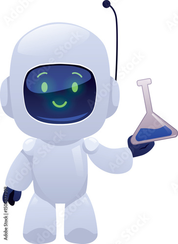 Chatbot robot showing laboratory flask, vector flat, cute Artificial intelligence machine online scientific education