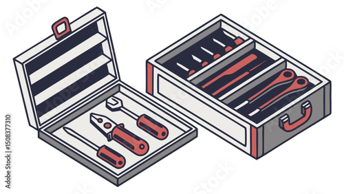 A detailed mechanical toolbox with open drawers showing tools like screwdrivers, wrenches, and pliers