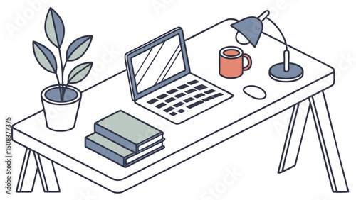 A modern office desk setup with laptop, books, plant, lamp, and coffee mug arranged for work and productivity