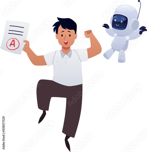 Happy boy jumps after receiving the highest grade on the exam, schoolboy studying with chat bot, AI robotic assistance