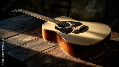An acoustic guitar with a light-colored spruce top and dark tortoiseshell pickguard rests on a weathered wooden table, illuminated by soft sunlight casting warm shadows. The rich reddish-brown wooden  photo