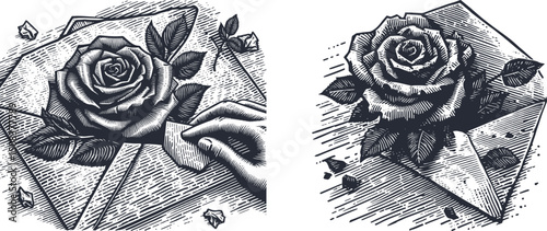  Illustration – Rose in a Crumpled Love Letter, Romantic Woodcut Floral Design, Hand-Drawn Etching Art for Antique  Retro-Themed Projects