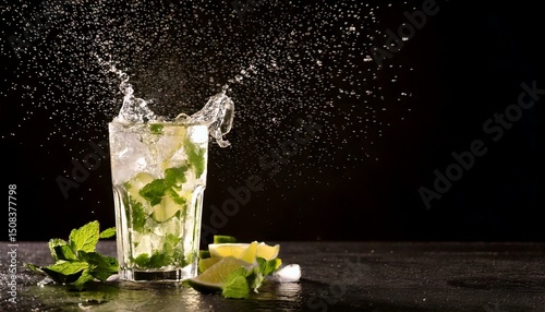 Mojito, splashes, glass, freshness, cocktail, beverage, drink, mint, lime, ice — a vibrant glass of refreshing mojito bursts with dynamic splashes, vividly highlighted against a moody dark background,