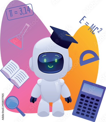 Chat bot robot with graduate cap, cute AI assistance machine on decorative background with school supplies flat vector