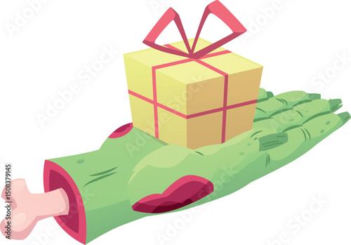 Creepy Zombie green hand with gift box on the palm, vector cartoon corpse arm dead rotting flesh and bones gives present