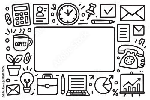 Black outlined vector frame features office elements arranged neatly around a white square center, providing a stylish and functional workspace border.

