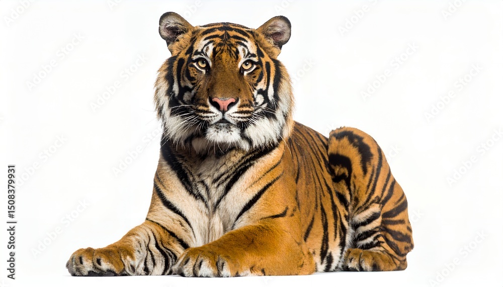Obraz premium Majestic tiger resting on a white background, showcasing its vibrant orange and black striped fur, striking pose, and intense gaze towards the camera.