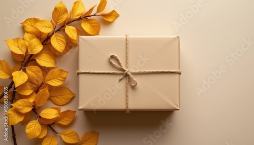 Elegant Brown Parcel with Twine and Autumn Leaves Arrangement