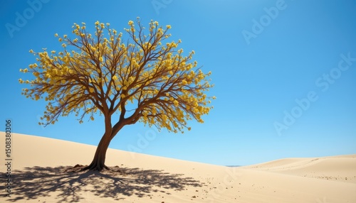 Solitary Tree in a Vast Desert Landscape Under Clear Blue Sky