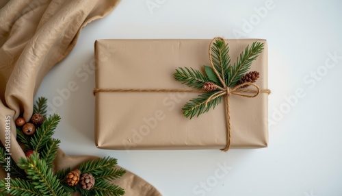 Eco-Friendly Wrapped Gift with Pine Branch and Natural Decor