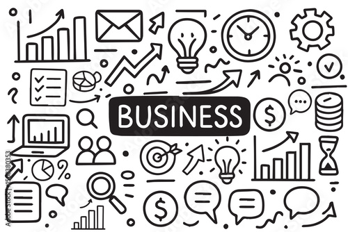 A business-themed vector background displays charts, briefcases, and office icons with clean black outlines on a minimalist, professional white background.

