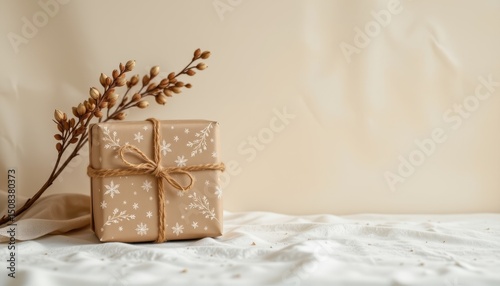 Stylish Holiday Gift Package on Soft Background with Decorative Twigs