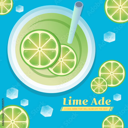 Top view illustration of fresh lime ade with ice cubes and straw on blue background. Vector illustration.