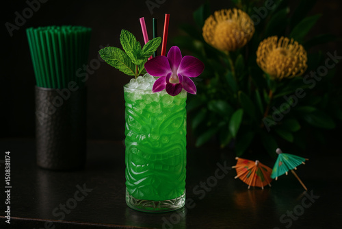 Vibrant green tiki cocktail in an embossed glass, garnished with fresh mint, a purple orchid, and straws. Dark, moody background with cocktail umbrellas and tropical flowers, evoking a bar atmosphere.