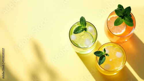 Top view of refreshing summer drinks with citrus slices, ice cubes, and fresh mint in clear glasses – bright and cooling seasonal beverage concept.