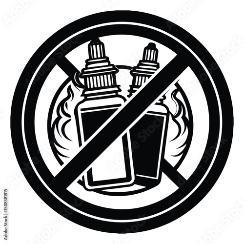 Black and white illustration of a no smoking sign with an electronic cigarette.