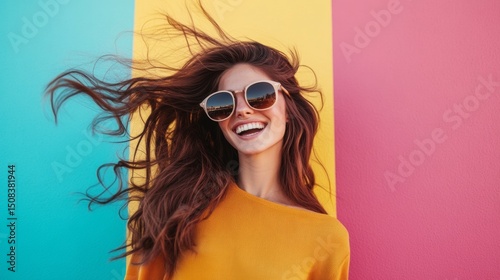Wallpaper Mural Smiling woman in sunglasses on colorful wall stylish summer fashion portrait energetic joyful happiness youth Torontodigital.ca
