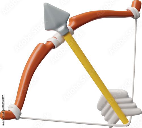 3d vector illustration of antique wooden bow with arrow. Medieval weapon.