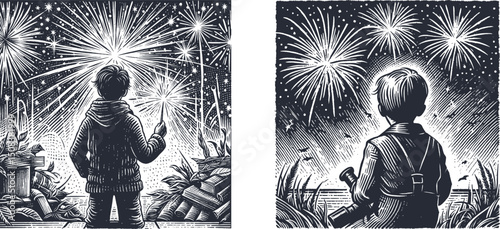 Set of detailed engraving and woodcut style illustrations depicting a child witnessing fireworks for the first time, vintage-inspired line art with expressive, nostalgic charm