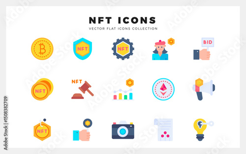 15 NFT Flat icons pack. vector illustration.