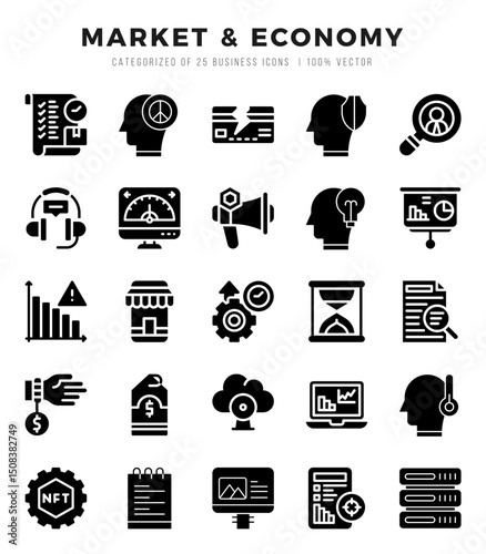 Set of Glyph Market & Economy Icons. Glyph art icon. Vector illustration