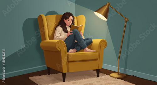Woman Reading Book in Armchair with Lamp