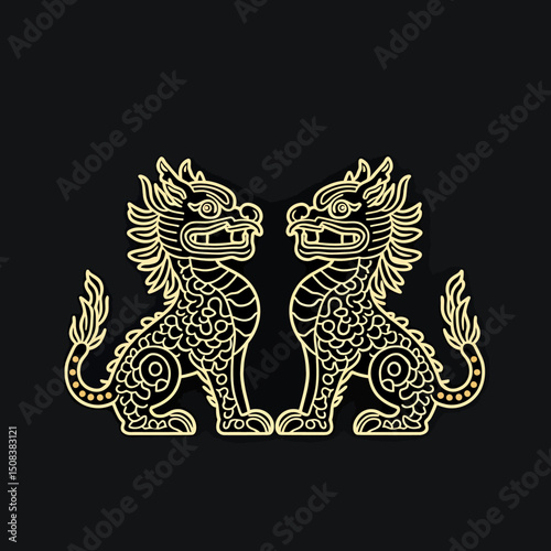Outlined logo of guardian lions rooted in Chinese tradition, designed with sharp linear form and clean spatial composition for contemporary branding
