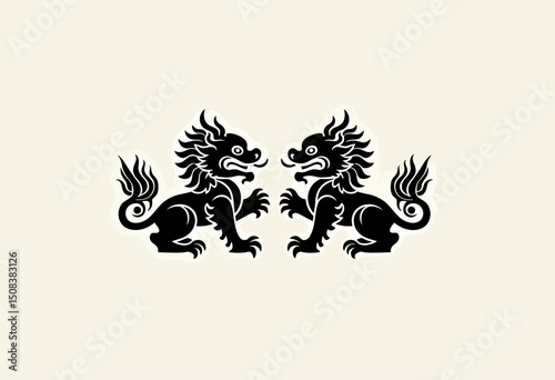 Flat line icon of Chinese guardian lions, created as a minimalist logo symbolizing cultural strength, protection, and timeless identity
