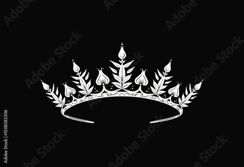 Minimal white tiara sketch on black, a refined hand-drawn icon for premium branding, jewelry design, and royal elegance aesthetics

