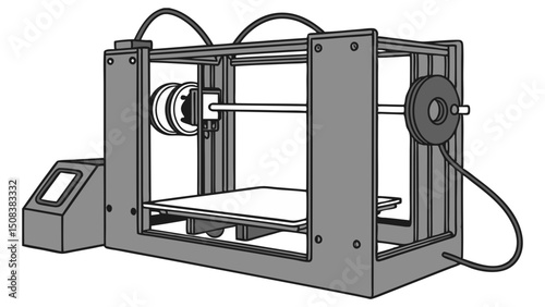 A gray scale depiction of a three dimensional printer with spools and a control panel visible