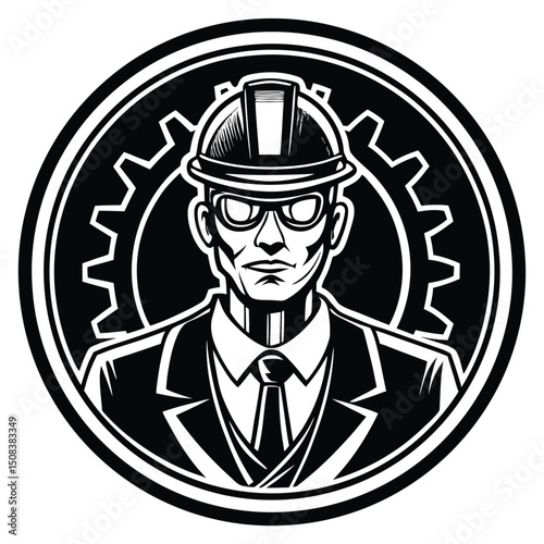 Mascot design template with head of a miner wearing helmet and glasses on white background.