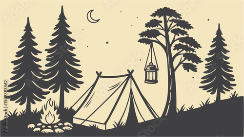 A tent scene with trees, a campfire, and a hanging lantern under a crescent moon and stars above
