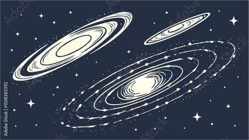 Cosmic scene showing three galaxies with swirling arms and surrounding stars against a dark background
