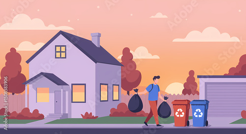 Person carrying garbage near house and trash cans