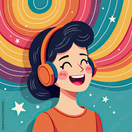 Colorful flat illustration of a smiling person immersed in music with headphones, surrounded by expressive sound waves radiating happiness
