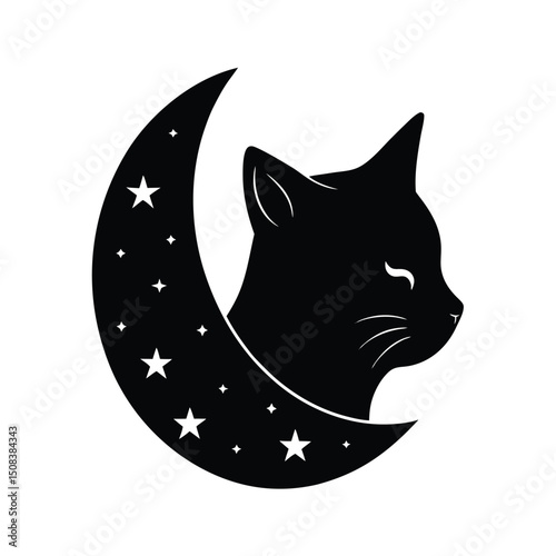 cat head with moon and stars icon silhouette on wh.eps