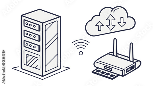 Outline graphic showing a server tower connected wirelessly to a router and a data storage cloud