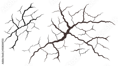 Two sets of branching black lines resembling cracks or fissures against a white background surface