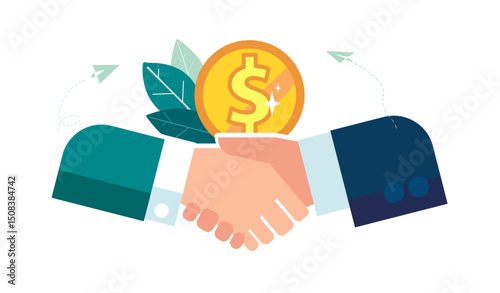 Business, pennies. Contract, handshake between business businessmen, work, palms, teamwork, finance, bank, profit, exchange. Get a high-paying job, people. Money gold dollar coins. Vector illustration
