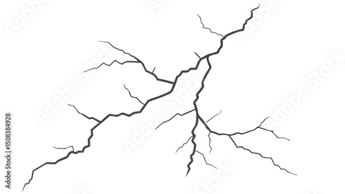 A complex network of dark fissures and cracks spreading across a plain white surface texture design