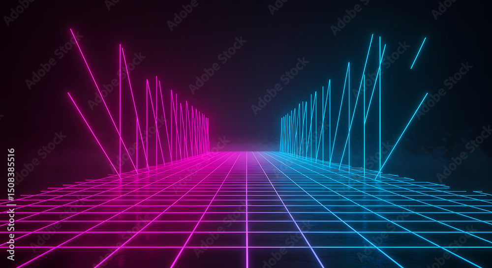 Naklejka premium Neon Grid Abstract Pink Blue
