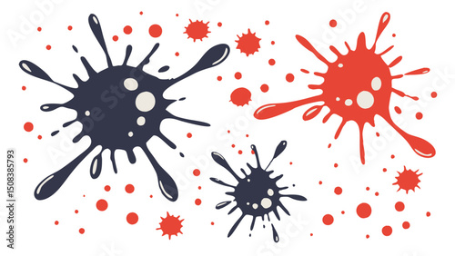 A collection of stylized ink blots and splatters in shades of red and dark blue on a white surface