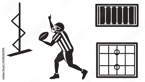 A referee in striped uniform holding a ball next to goalpost and two views of a playing field