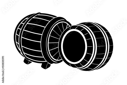 Wooden Barrels Silhouette, Monochrome Wooden Casks Storage Containers