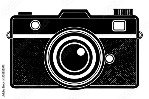 Classic Vintage Camera Technical Illustration, Black and White Retro Blueprint Style