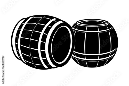 Wooden Barrels Silhouette, Monochrome Wooden Casks Storage Containers